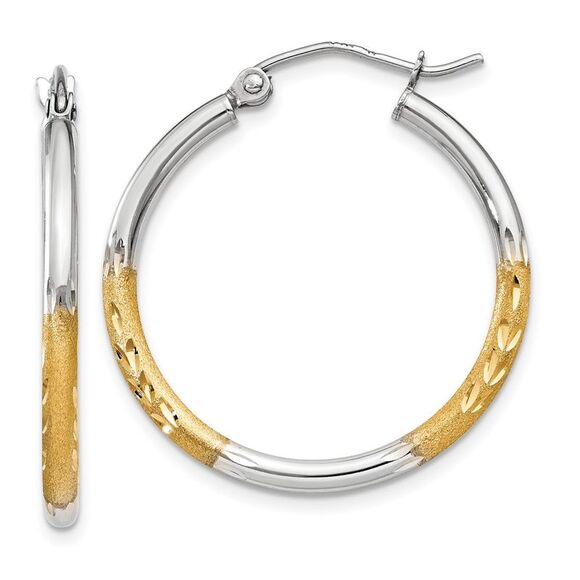 14k Yellow Gold w/White Rhodium 2mm Satin & Diamond-cut Hoop Earrings